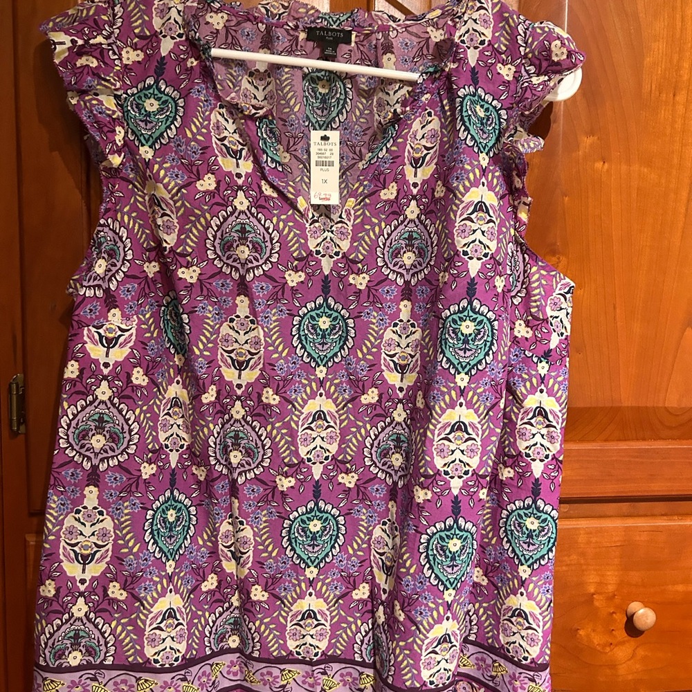 Talbots Pink and Green Relaxed Blouse with Mandarin Collar
